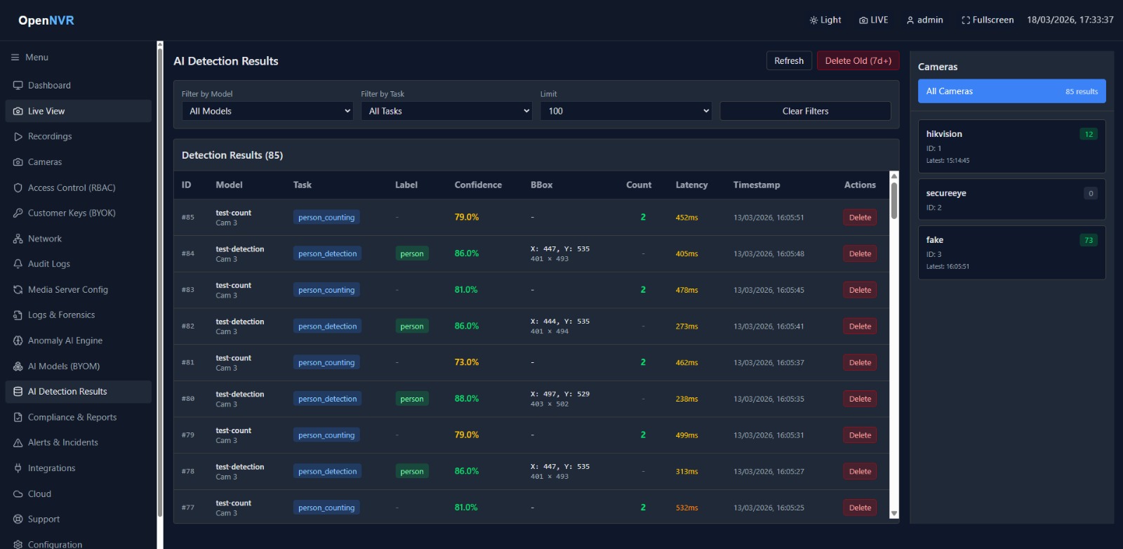 Detection Results — live table of detections with a per-camera sidebar