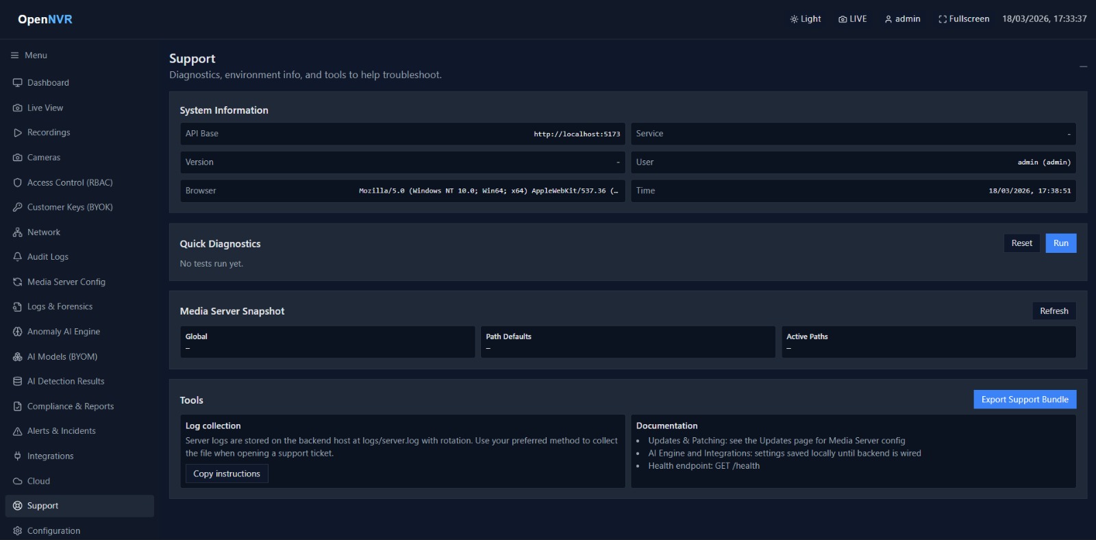 Support — diagnostics, system info, and tools
