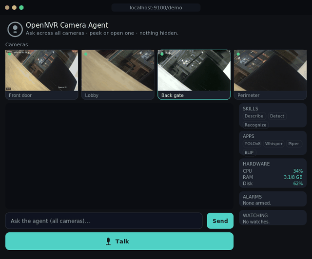 OpenNVR Camera Agent — asking a camera about the lobby and getting a grounded answer with live detections